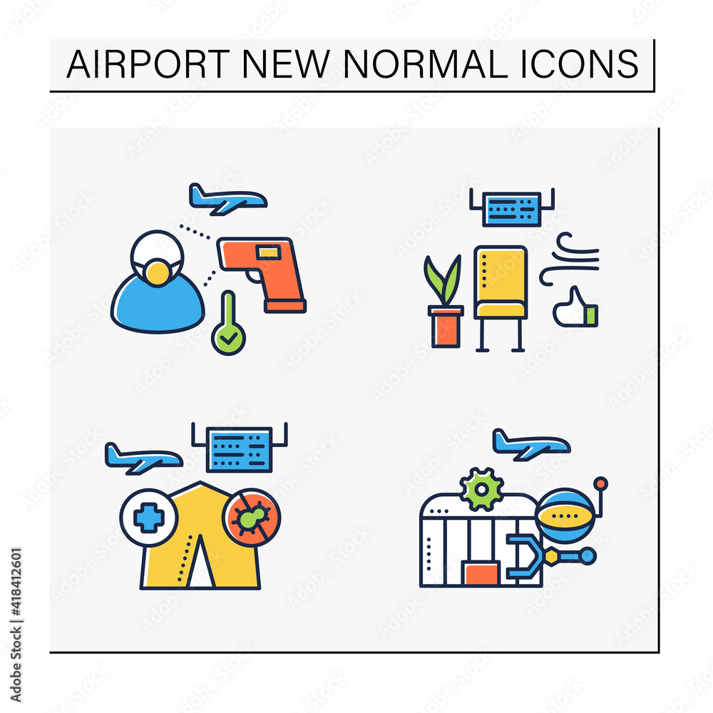 Poster airport new normal line icons set.consists of robotizing, waiting area,screenings passengers. safe r