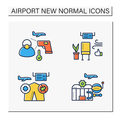 Airport new normal line icons set.Consists of robotizing, waiting area,screenings passengers. Safe rules concept.Isolated vector illustrations.Editable stroke. Vector illustration