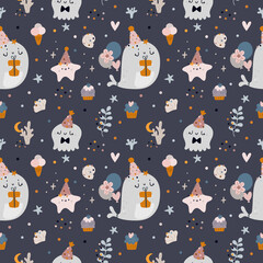 Seamless pattern with festive sea animals.  Baby whale with gift, baby shower pattern. Sea life background. kids texture. Nursery prints for textile, apparel, wrapping paper