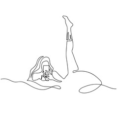 Illustration of a girl who lies on a bed with a raised leg in the style of an art line.