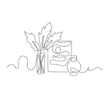 recommend clip art: Modern still life of poster, clay pot and vase with plant-style line art