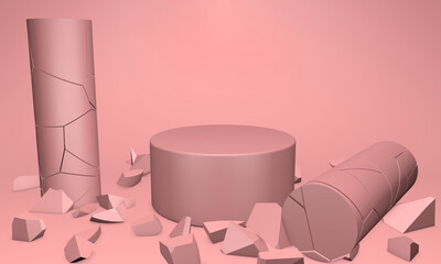 Podium for displaying products with elements of a fallen column and scattered stones. 3D rendering.