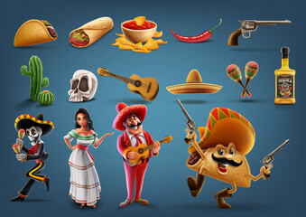 set of icons with cartoon characters Mexico - 418413284