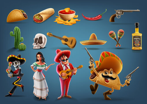 set of icons with cartoon characters Mexico