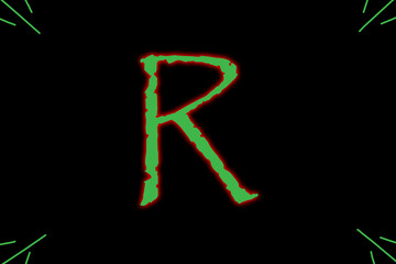 Letter R typed with wild font in green having red outer glow.