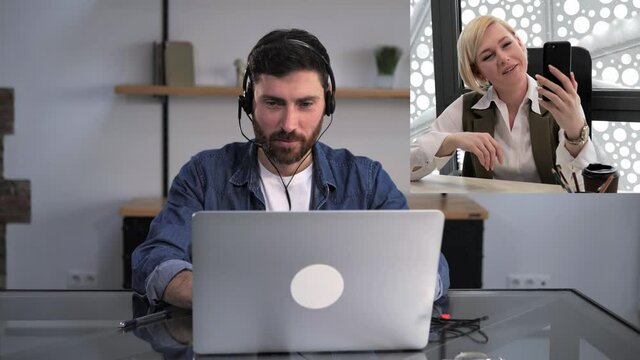 Young caucasian businessman wearing headset working online from home during pandemic time with team mate. Business people on video conference in group virtual chat app online training distance meeting