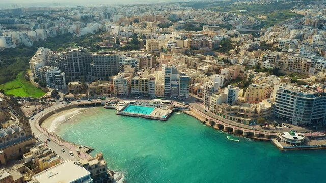Aerial view of Balluta bay in St Julians city. Malta island