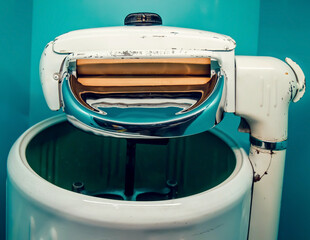 White enamel and chrome vintage tub washing machine with wringers in a teal room nobody