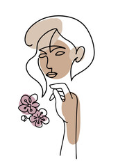 Line woman face portrait with spring flowers, creative freehand composition in contemporary abstract style with colorful geometric shapes. Linear illustration design for print, card, poster.