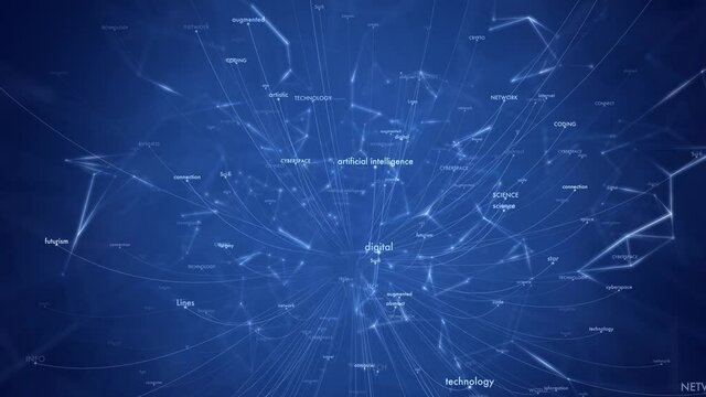 Artificial intelligence science word cloud animation dark blue space background