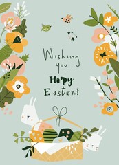Fototapeta premium Cartoon Easter illustration with rabbits, flowers and easter eggs