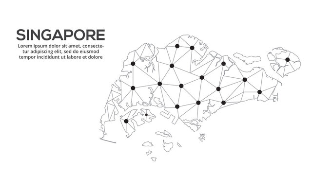 Singapore communication network map. Vector image of a low poly global map with city lights. Map in the form of lines and dots
