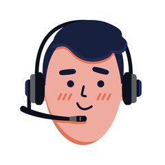 vector illustration, face, man in headset, call center dispatcher in headphones, cartoon

