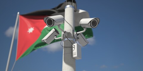 Naklejka na ściany i meble Outdoor security cameras near flag of Jordan. 3d rendering