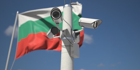 Naklejka na ściany i meble Security cameras near flag of Bulgaria, 3d rendering