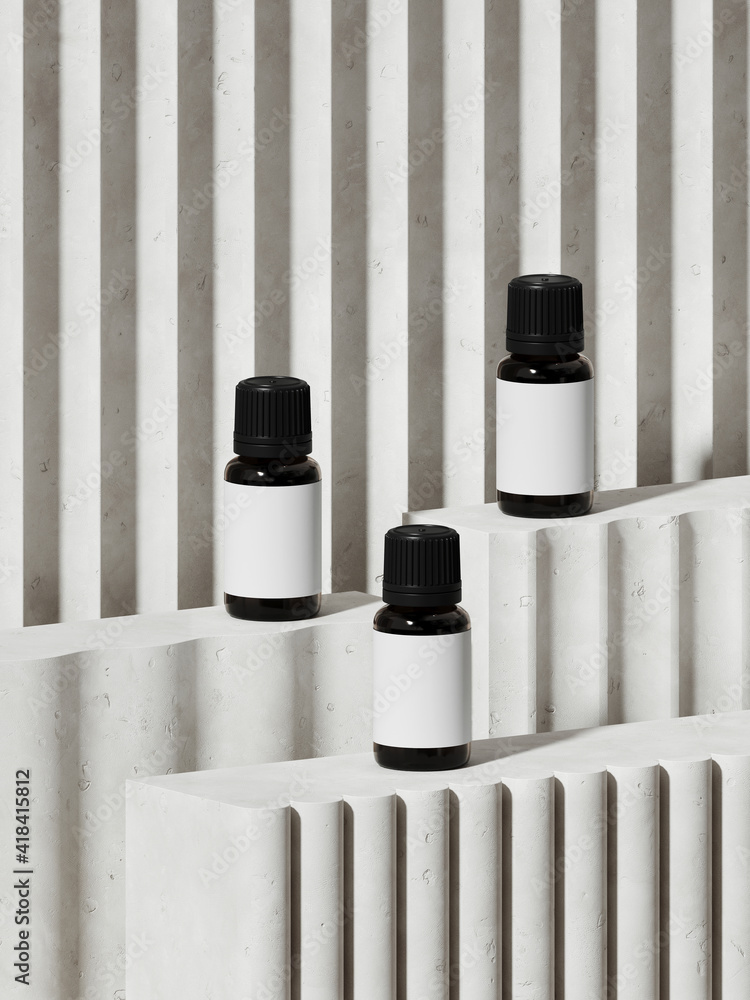 Poster mediterranean style mockup for product presentation. essential oil and white terracotta podium on fl