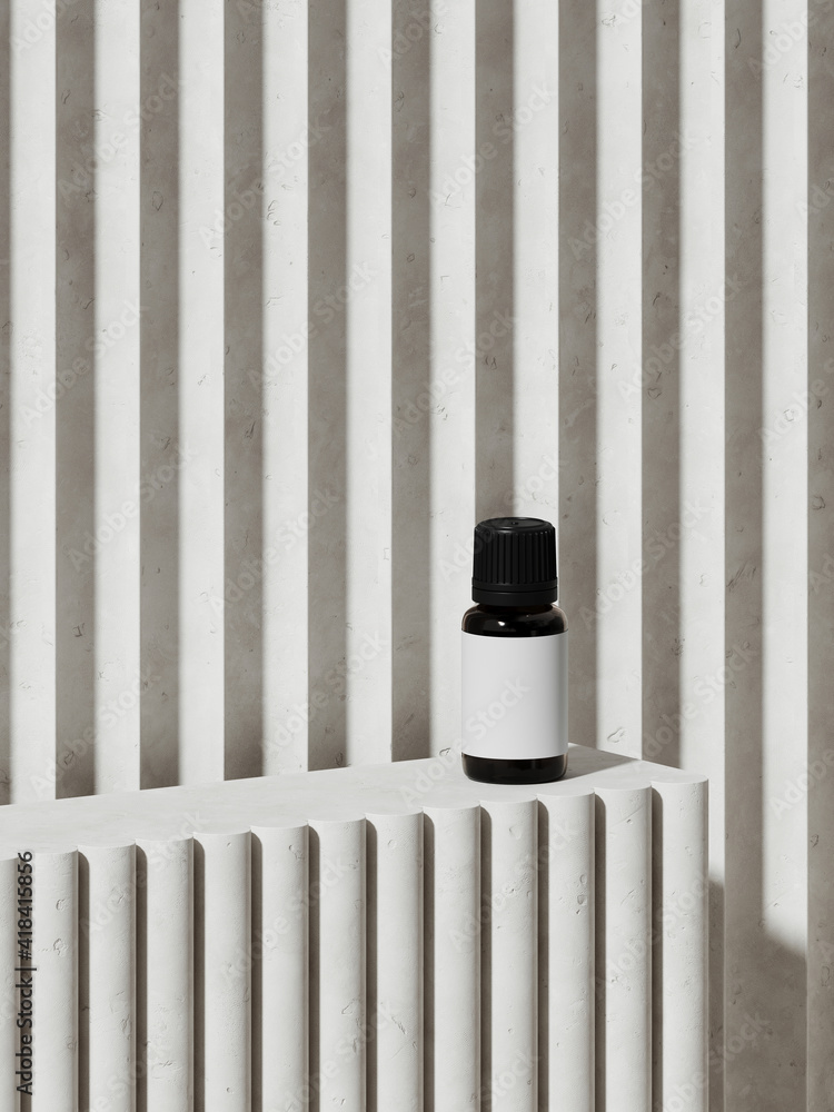 Aufkleber mediterranean style mockup for product presentation. essential oil and white terracotta podium on fl
