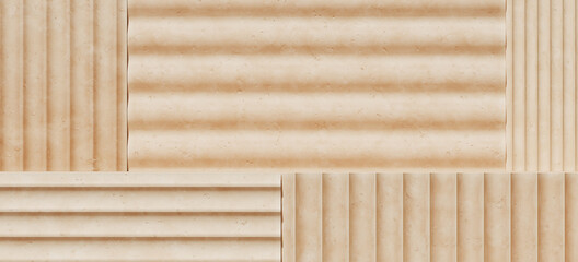 Mediterranean style mockup for product presentation. Beige terracotta podium on flute panel background. Clipping path of each element included. 3d rendering illustration.  © 3DJustincase