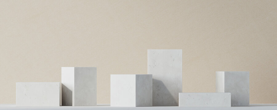 Mediterranean style mockup for product presentation. White terracotta podium on beige background. Clipping path of each element included. 3d rendering illustration. 