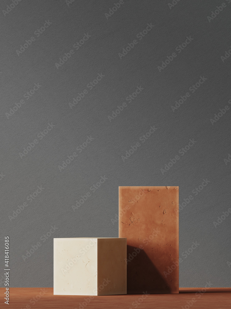 Aufkleber mediterranean style mockup for product presentation. red and beige terracotta podium on grey backgro