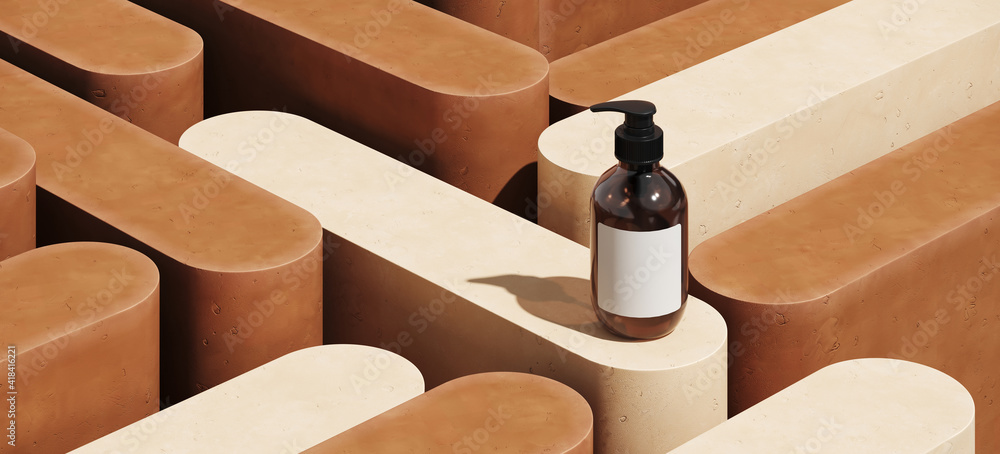 Poster minimal abstract mockup background for product presentation. cosmetic bottle on beige and brown terr