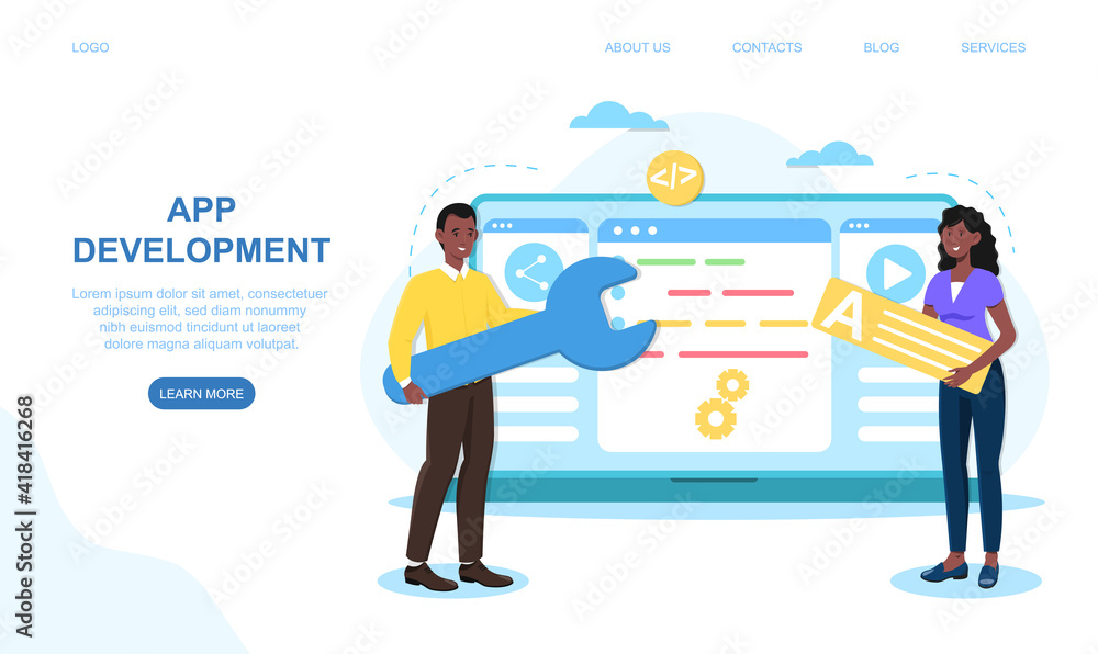 Poster concept of application development, vector illustration, app developer team is working on it project