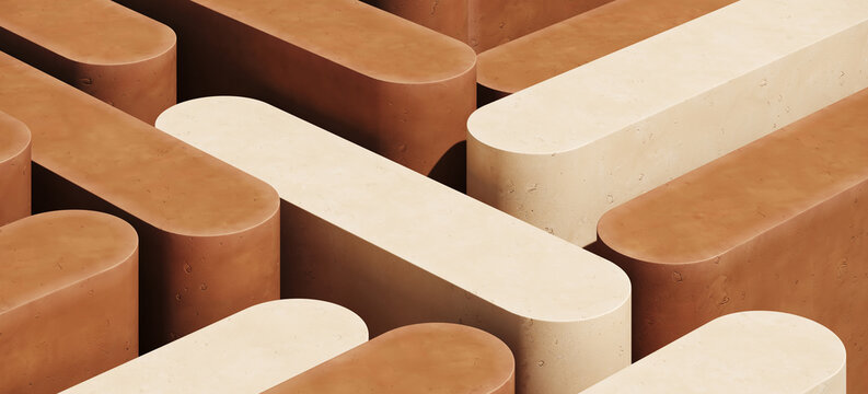 Minimal abstract mockup background for product presentation. Beige and brown terracotta podium. 3d render illustration. Clipping path of each element included.
