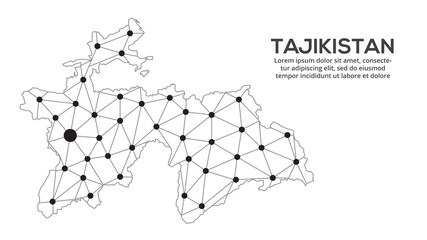 Tajikistan communication network map. Vector image of a low poly global map with city lights. Map in the form of lines and dots