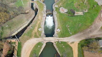 aerial view of Lock 1 of the Canal de Castilla, Alar del Rey, Palencia, Spain
