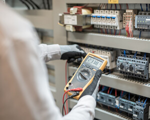 Electricians hands testing current electric in control panel