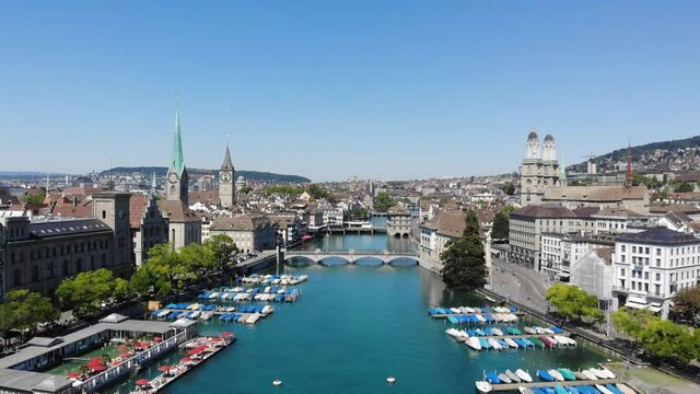 Aerial reveal view of Zuich, Switzerland and the Limmat River