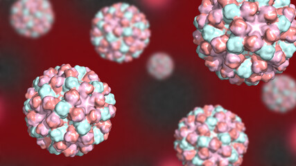 Norovirus, a foodborne RNA virus that causes acute gastroenteritis or stomach flu, against red background 3d render