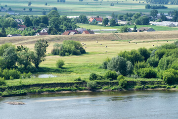 Summer rural landscape with Vistula River near Grudziadz. Riverside meadows with flood embankments....