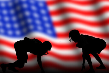 American football player in action, silhouette isolated on american flag background. Sportsman in full equipment on court. Rugby sport man, popular super star collage sport.