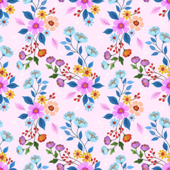 Floral seamless pattern with pink monochrome background for fabric, textile, and wallpaper.