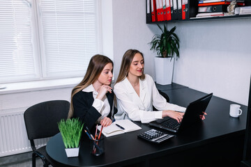 Two business woman analyzing balance sheet. serious mentor coach