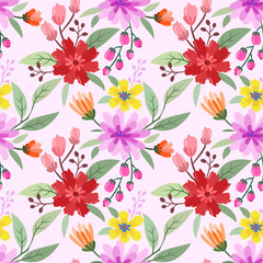 Floral seamless pattern with pink monochrome background for fabric, textile, and wallpaper.