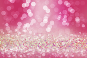 Shiny background. Beautiful glowing bokeh. Bright glowing background. Shiny glowing effect. Pink sequins.