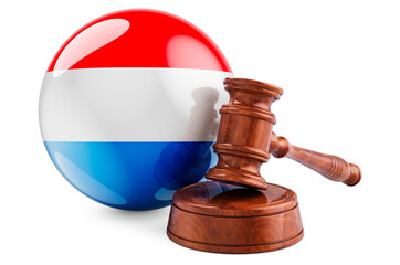 Luxembourgish law and justice concept. Wooden gavel with flag of Luxembourg. 3D rendering