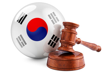 South Korean law and justice concept. Wooden gavel with flag of South Korea. 3D rendering