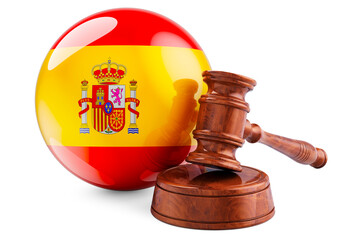 Spanish law and justice concept. Wooden gavel with flag of Spain. 3D rendering