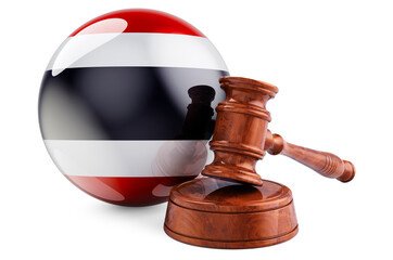 Thai law and justice concept. Wooden gavel with flag of Thailand. 3D rendering