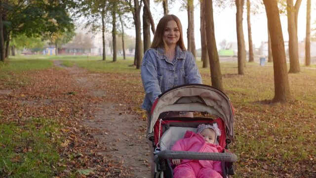 A young mother with a stroller walks in the autumn evening.