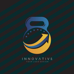 Arrow logo design with dumbbell icon. Virtual CrossFit and fitness vector official logo template.