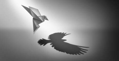 Vision and ambition as a business symbol for leadership power and success metaphor for growth as an origami paper bird casting a shadow of powerful real wings - obrazy, fototapety, plakaty