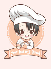 cute bakery chef boy holding a cake and bread - cartoon character and logo illustration