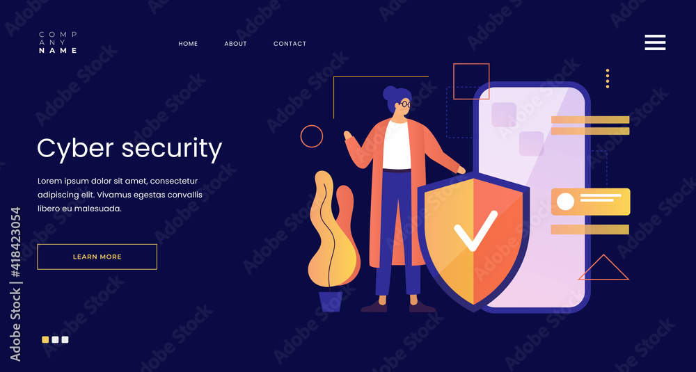 Poster template or website landing page design. security concept. girl holding a shield in front of a smart