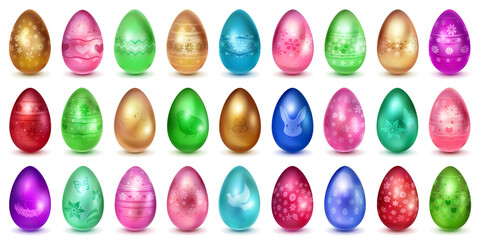 Big set of realistic Easter eggs in various colors with holiday symbols, glares and shadows on white background