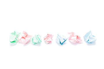 color crumpled paper balls isolated on white background. abstract creative background