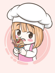 cute bakery chef girl holding a cake and bread - cartoon character and logo illustration